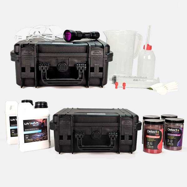 Leckageortung-Kit: 4 Lecksuchfarben + 2x farblos + UV-Lampe 6W | FluoTechnik