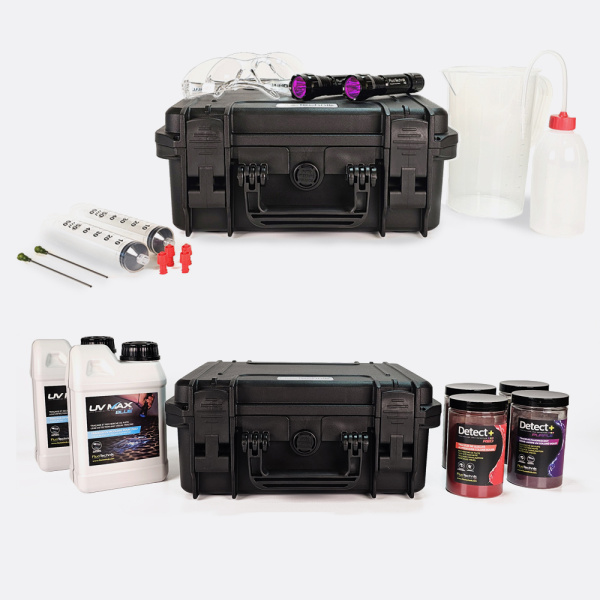 Lecksuche-Set: 4 Lecksuchfarben + 2x farblos + 2 UV-Taschenlampen - PACK PRO