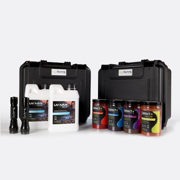 Lecksuche-Set: 4 Lecksuchfarben + 2x farblos + 2 UV-Taschenlampen - PACK PRO