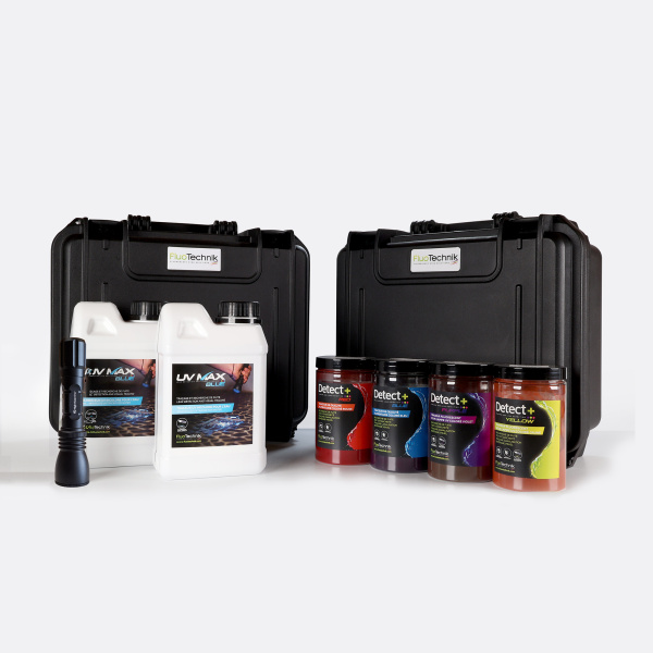 Leckageortung-Kit: 4 Lecksuchfarben + 2x farblos + UV-Lampe 6W | FluoTechnik